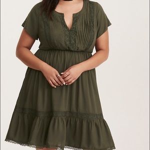 NWT Torrid Olive Pleated Lace Inset Dress
